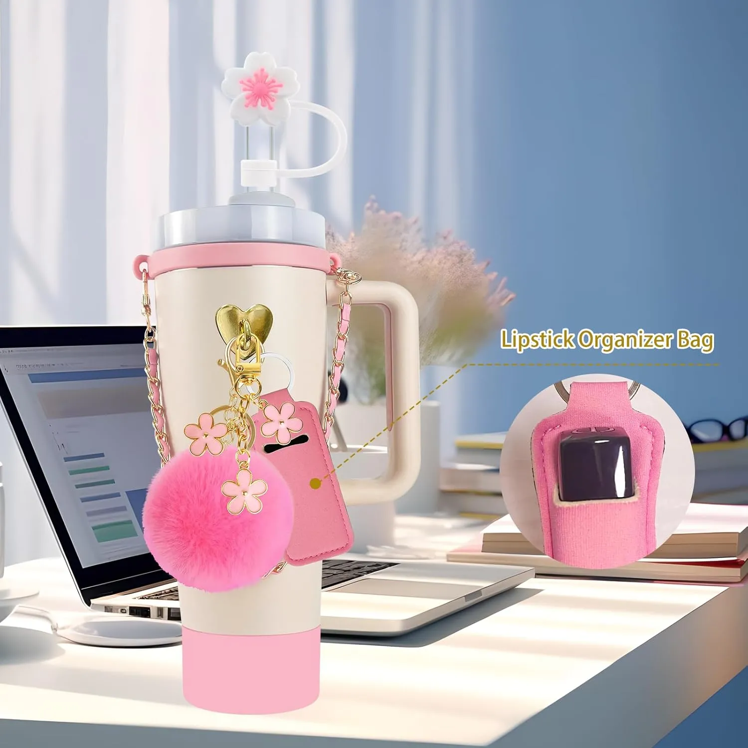 11 PCS Accessories for Stanley Cup, Water Bottle Handle Strap for Stanley 30/40 oz tumbler with handle, including Straw Toppers, Silicone Cup Boot, Keychain Charms - PINK