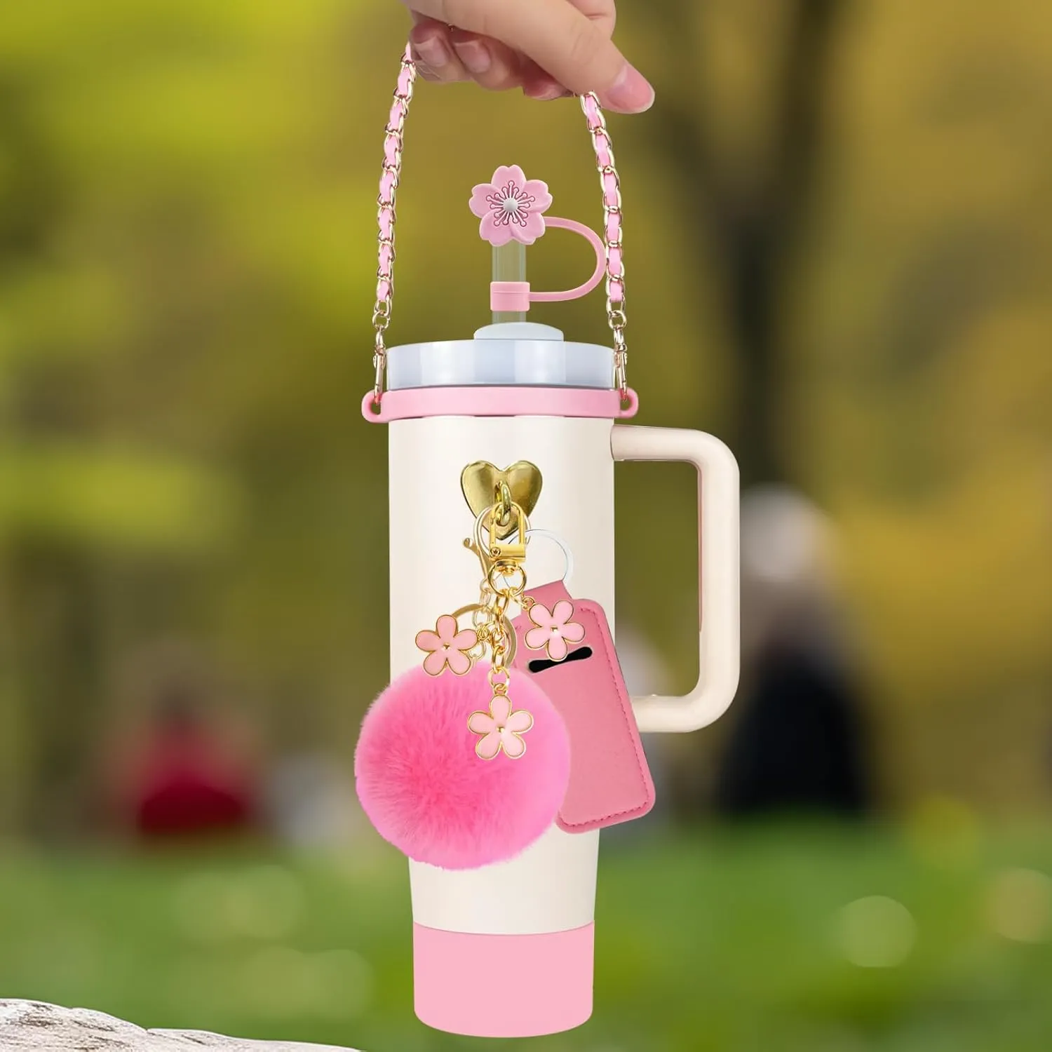 11 PCS Accessories for Stanley Cup, Water Bottle Handle Strap for Stanley 30/40 oz tumbler with handle, including Straw Toppers, Silicone Cup Boot, Keychain Charms - PINK