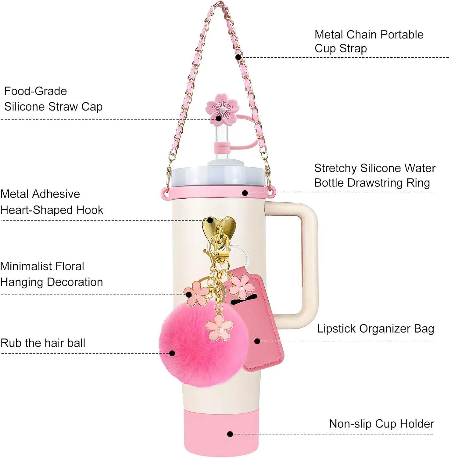 11 PCS Accessories for Stanley Cup, Water Bottle Handle Strap for Stanley 30/40 oz tumbler with handle, including Straw Toppers, Silicone Cup Boot, Keychain Charms - PINK