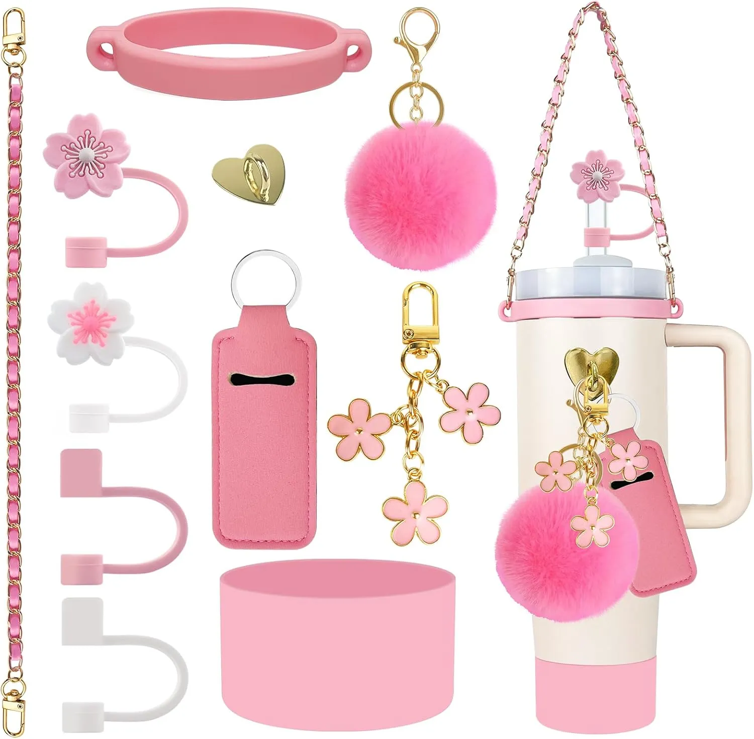 11 PCS Accessories for Stanley Cup, Water Bottle Handle Strap for Stanley 30/40 oz tumbler with handle, including Straw Toppers, Silicone Cup Boot, Keychain Charms - PINK