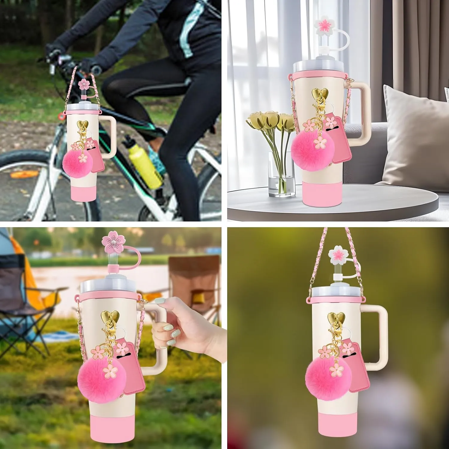 11 PCS Accessories for Stanley Cup, Water Bottle Handle Strap for Stanley 30/40 oz tumbler with handle, including Straw Toppers, Silicone Cup Boot, Keychain Charms - PINK