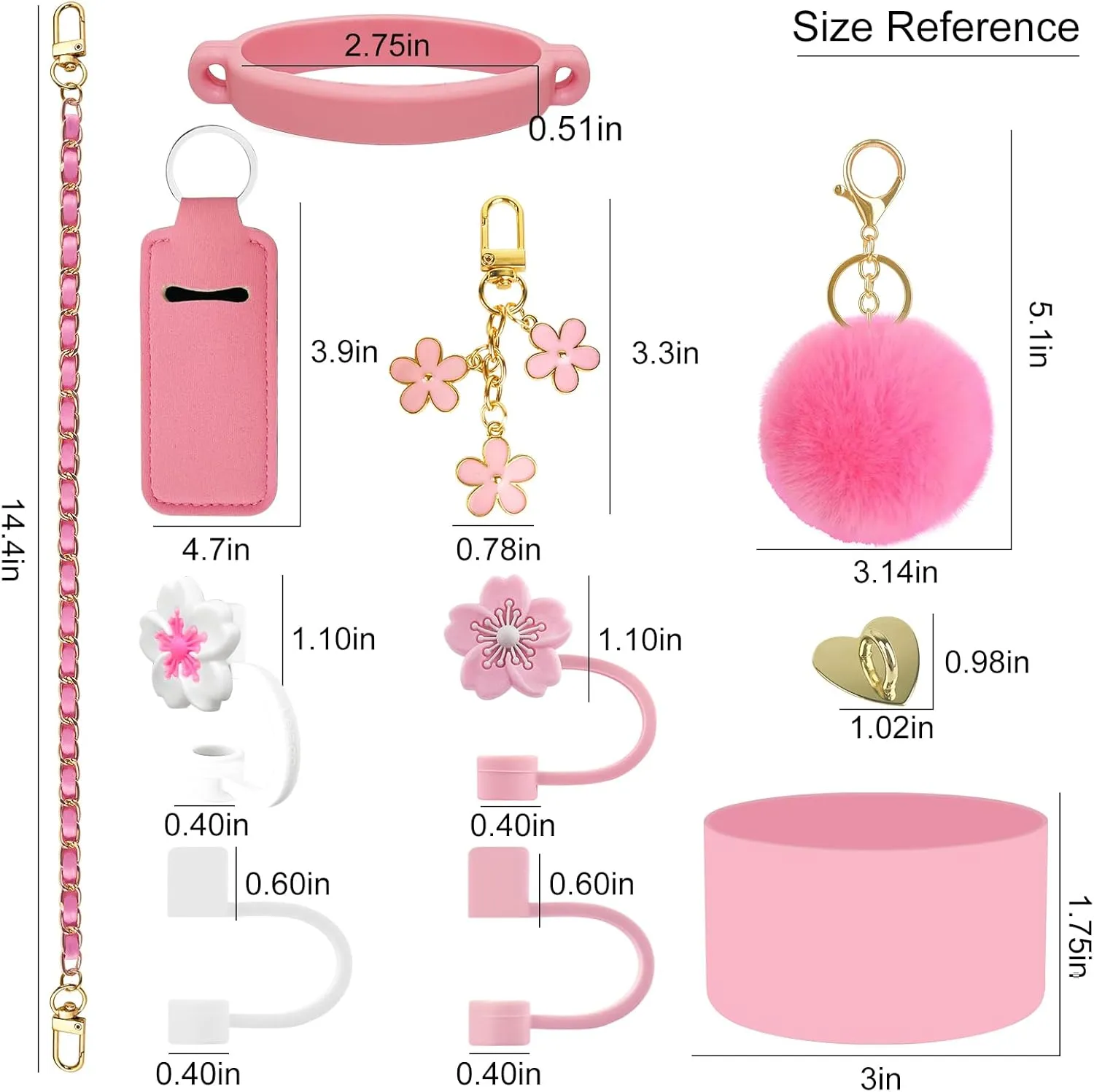 11 PCS Accessories for Stanley Cup, Water Bottle Handle Strap for Stanley 30/40 oz tumbler with handle, including Straw Toppers, Silicone Cup Boot, Keychain Charms - PINK