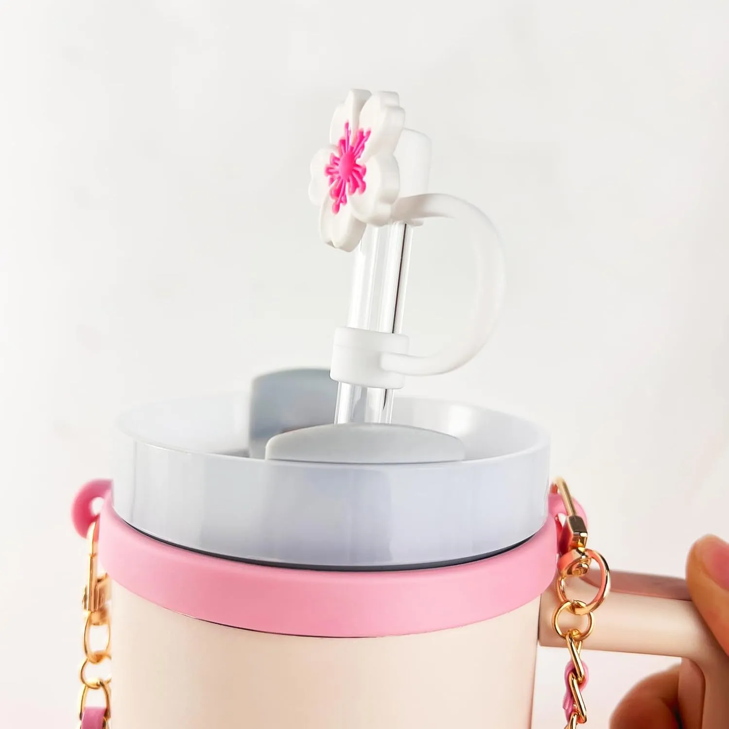 11 PCS Accessories for Stanley Cup, Water Bottle Handle Strap for Stanley 30/40 oz tumbler with handle, including Straw Toppers, Silicone Cup Boot, Keychain Charms - PINK