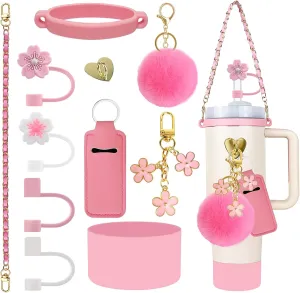11 PCS Accessories for Stanley Cup, Water Bottle Handle Strap for Stanley 30/40 oz tumbler with handle, including Straw Toppers, Silicone Cup Boot, Keychain Charms - PINK