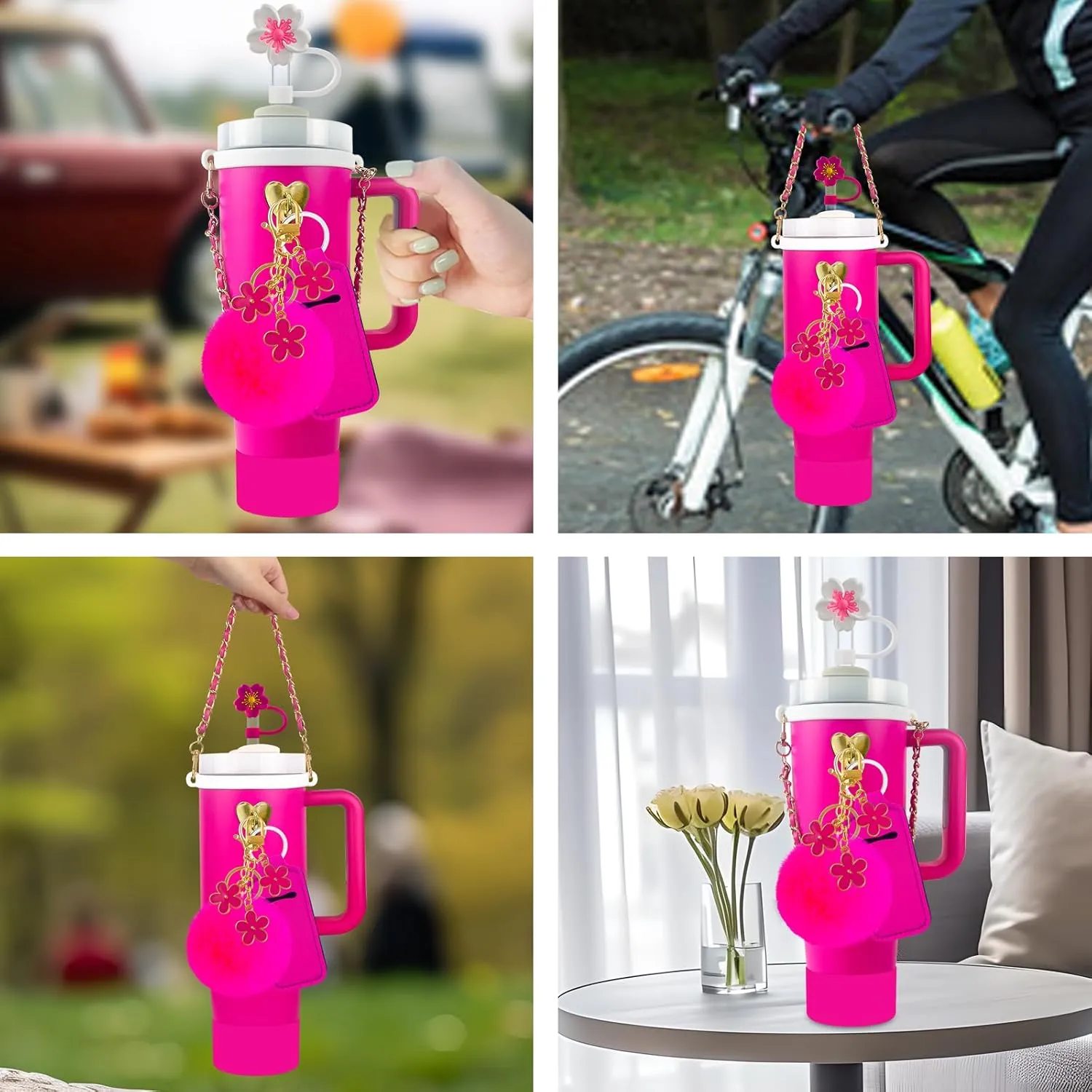 11 PCS Accessories for Stanley Cup, Water Bottle Handle Strap for Stanley 30/40 oz tumbler with handle, including Straw Toppers, Silicone Cup Boot, Keychain Charms - ROSE