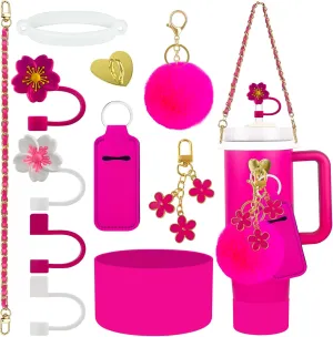 11 PCS Accessories for Stanley Cup, Water Bottle Handle Strap for Stanley 30/40 oz tumbler with handle, including Straw Toppers, Silicone Cup Boot, Keychain Charms - ROSE