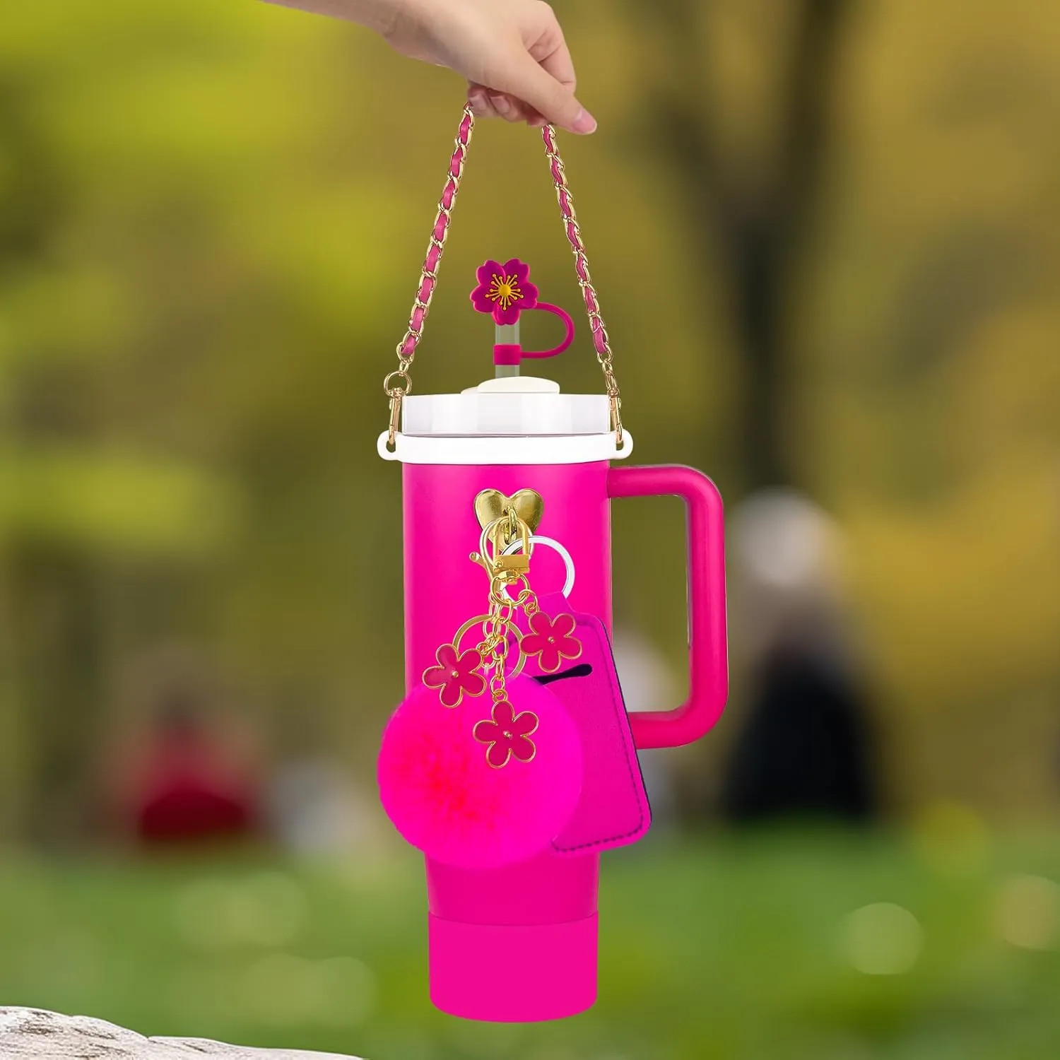 11 PCS Accessories for Stanley Cup, Water Bottle Handle Strap for Stanley 30/40 oz tumbler with handle, including Straw Toppers, Silicone Cup Boot, Keychain Charms - ROSE