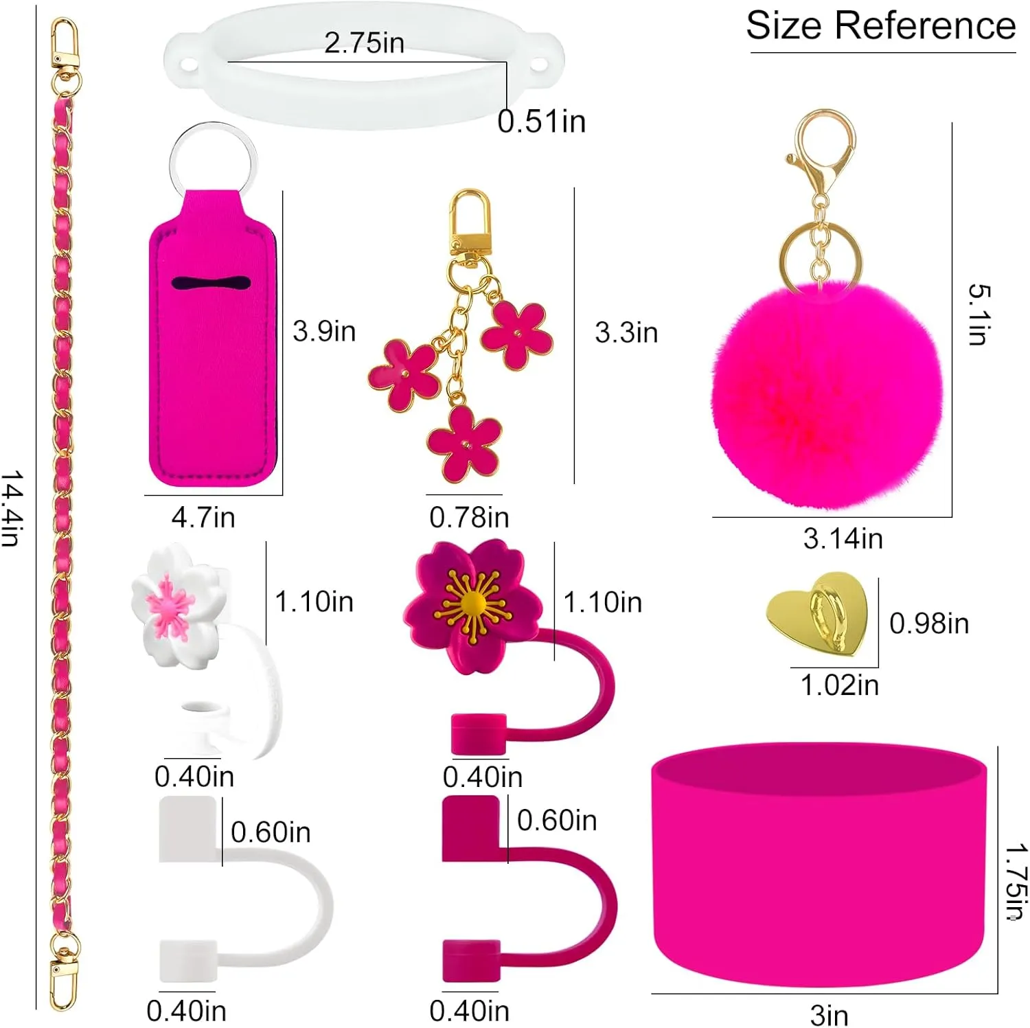11 PCS Accessories for Stanley Cup, Water Bottle Handle Strap for Stanley 30/40 oz tumbler with handle, including Straw Toppers, Silicone Cup Boot, Keychain Charms - ROSE