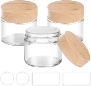 2 oz Small Glass Containers with Lids, Glass Jars with Woodgrain Lids & Inner Liners, Reusable Travel Containers for Creams, Makeup, Lotion, Cosmetic - 3 pack