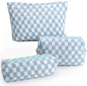 3 Pcs Makeup Bag Cosmetic Bag Set for Girls Women Checkered Travel Organizer Bathroom Toiletry Pouch Large Capacity Storage Bag (Blue-White)