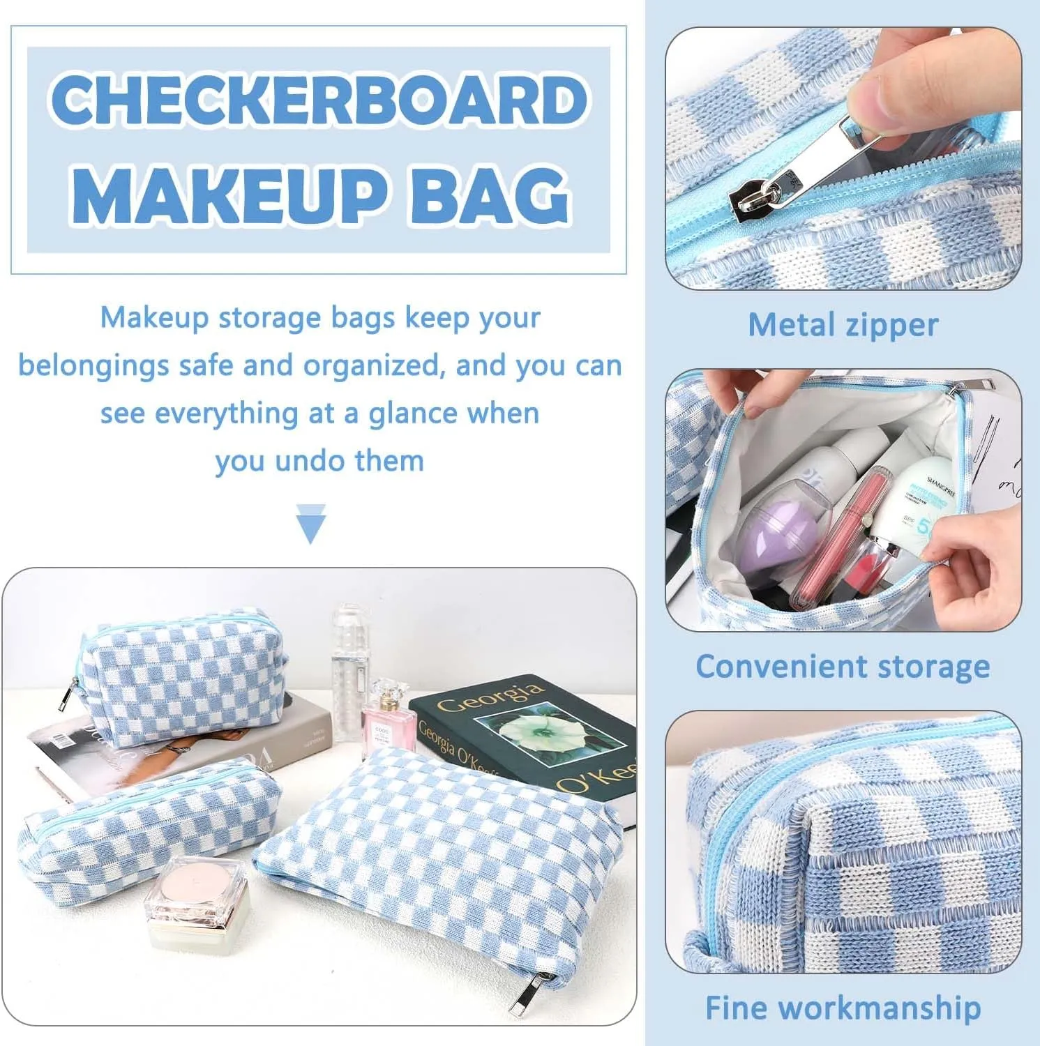 3 Pcs Makeup Bag Cosmetic Bag Set for Girls Women Checkered Travel Organizer Bathroom Toiletry Pouch Large Capacity Storage Bag (Blue-White)
