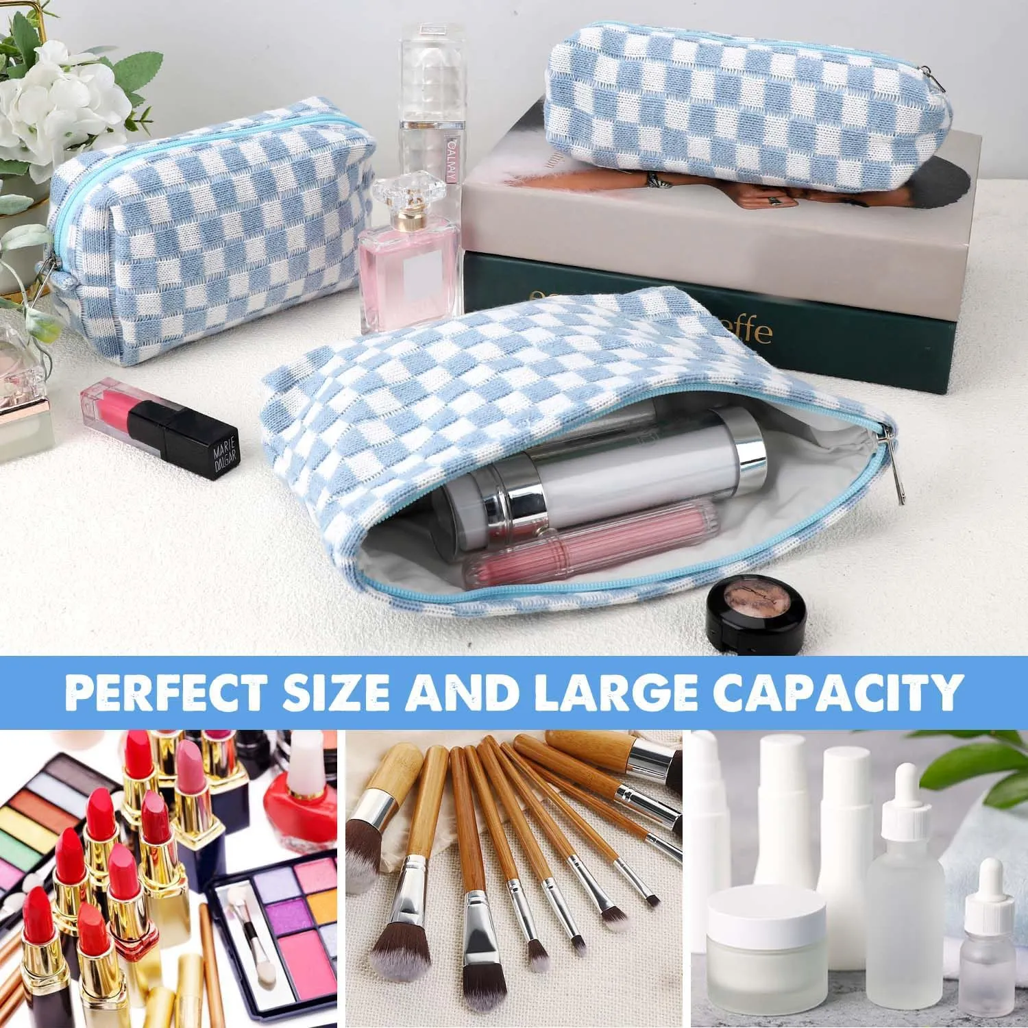 3 Pcs Makeup Bag Cosmetic Bag Set for Girls Women Checkered Travel Organizer Bathroom Toiletry Pouch Large Capacity Storage Bag (Blue-White)