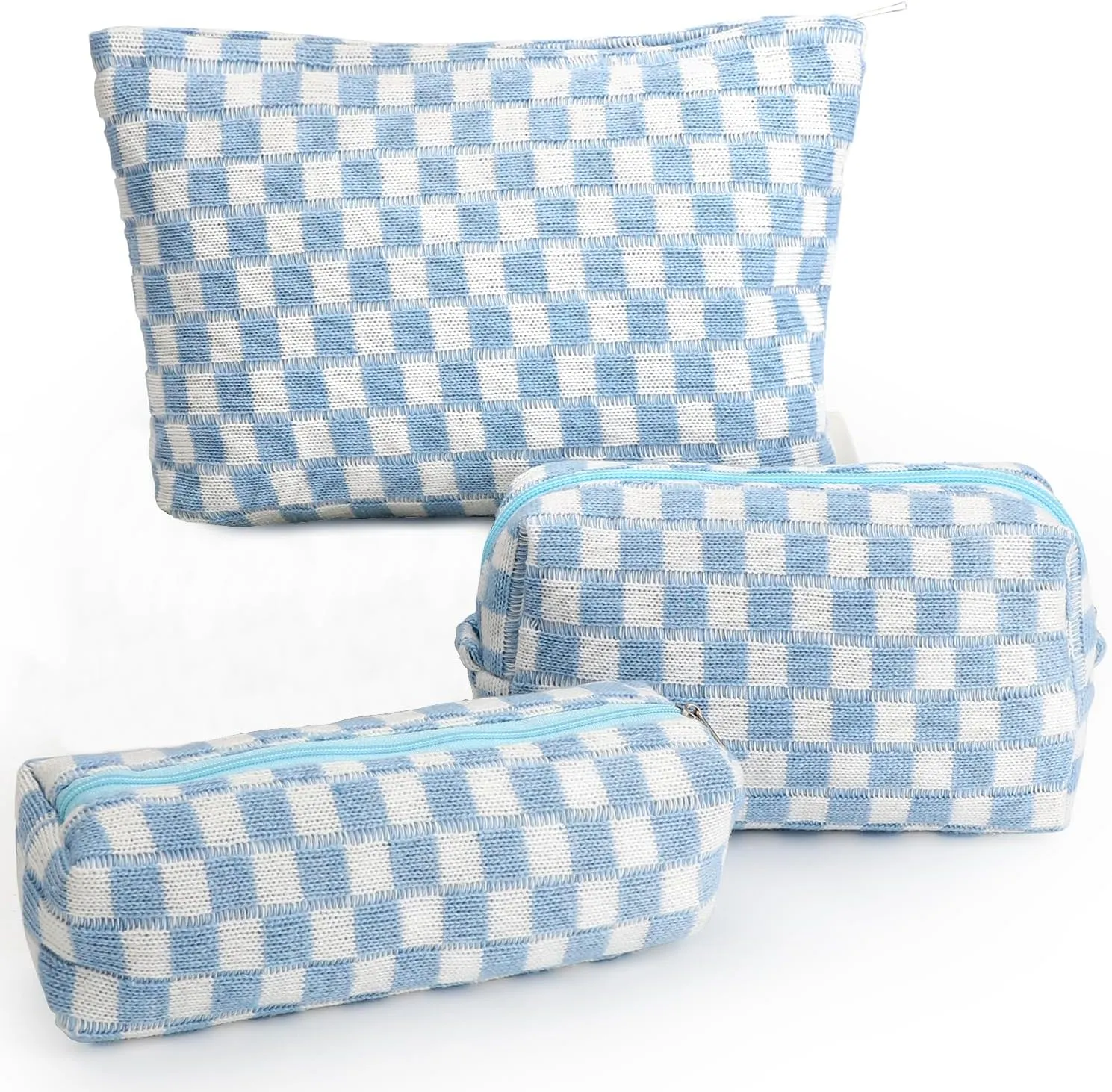 3 Pcs Makeup Bag Cosmetic Bag Set for Girls Women Checkered Travel Organizer Bathroom Toiletry Pouch Large Capacity Storage Bag (Blue-White)