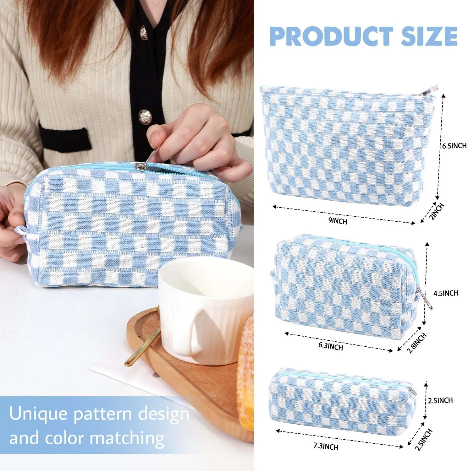 3 Pcs Makeup Bag Cosmetic Bag Set for Girls Women Checkered Travel Organizer Bathroom Toiletry Pouch Large Capacity Storage Bag (Blue-White)