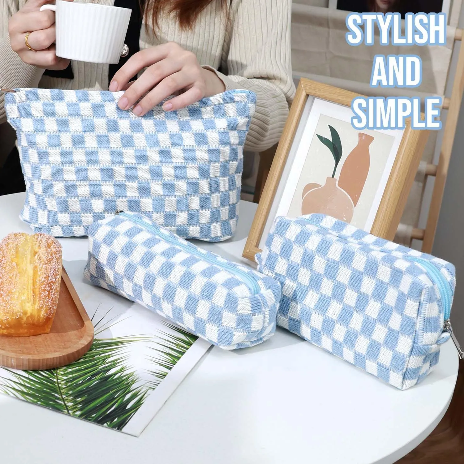3 Pcs Makeup Bag Cosmetic Bag Set for Girls Women Checkered Travel Organizer Bathroom Toiletry Pouch Large Capacity Storage Bag (Blue-White)