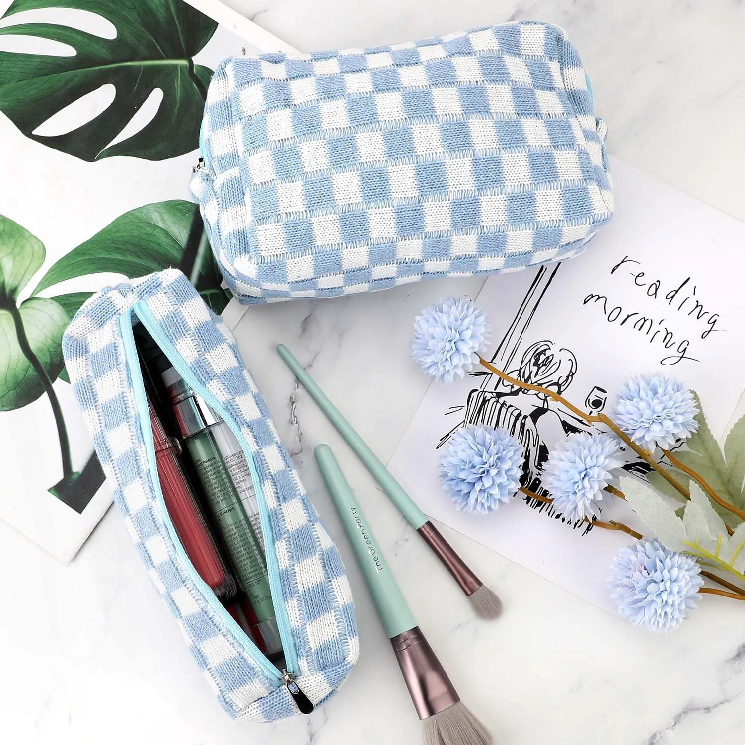 3 Pcs Makeup Bag Cosmetic Bag Set for Girls Women Checkered Travel Organizer Bathroom Toiletry Pouch Large Capacity Storage Bag (Blue-White)