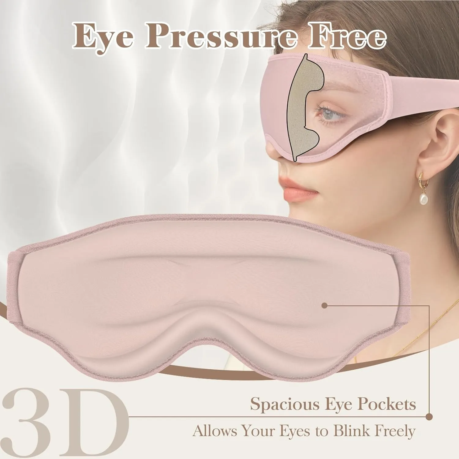 3D Eye Mask Sleep Mask for Men & Women, 100% Pressure-Free & Light Block-Out Eye Mask for Sleep with Easy Adjustable Strap, Night Eye Cover for Travel, Pink