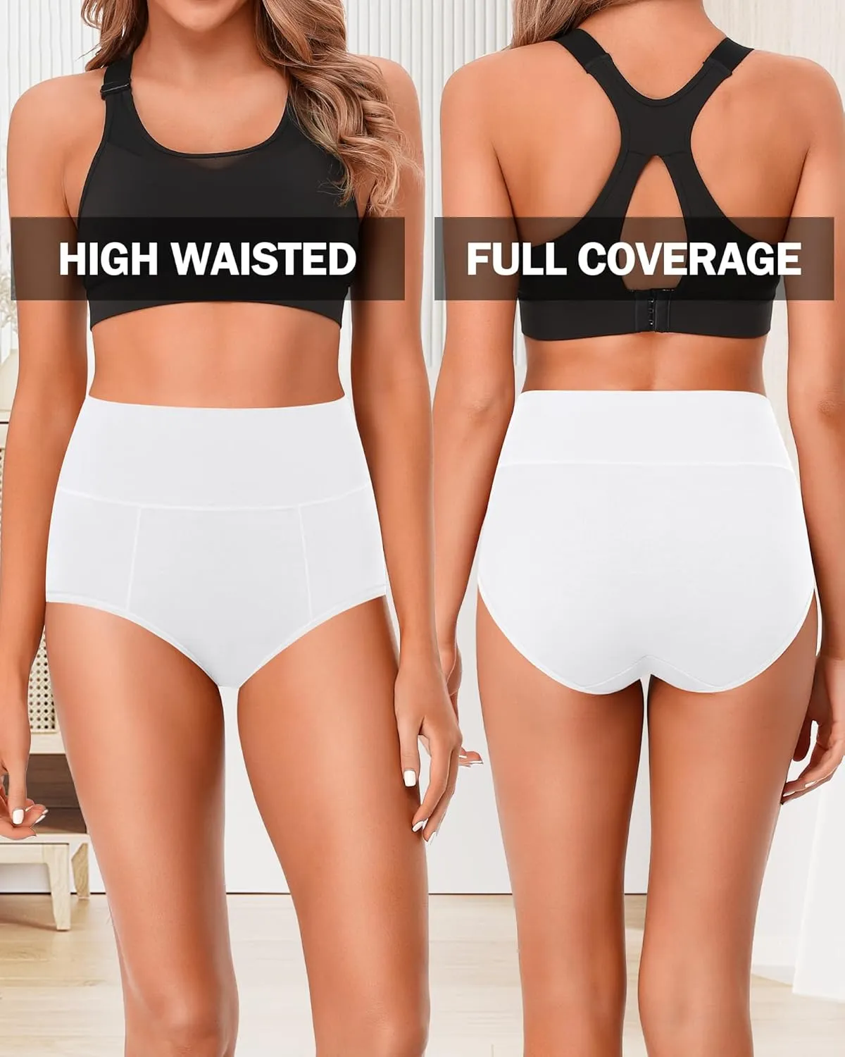 ASIMOON High Waisted Cotton Underwear for Women Plus Size Slight Tummy Control Full Coverage Panties Briefs Ladies Pack
