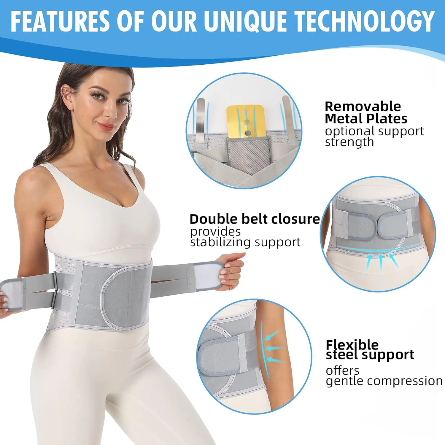Back Brace for Lower Back Pain Relief - Back Support Belt for Women & Men for Herniated Disc, Sciatica. Removable Stays for Lower Back Support with 2 Different Hardness Sets (Grey, Medium)