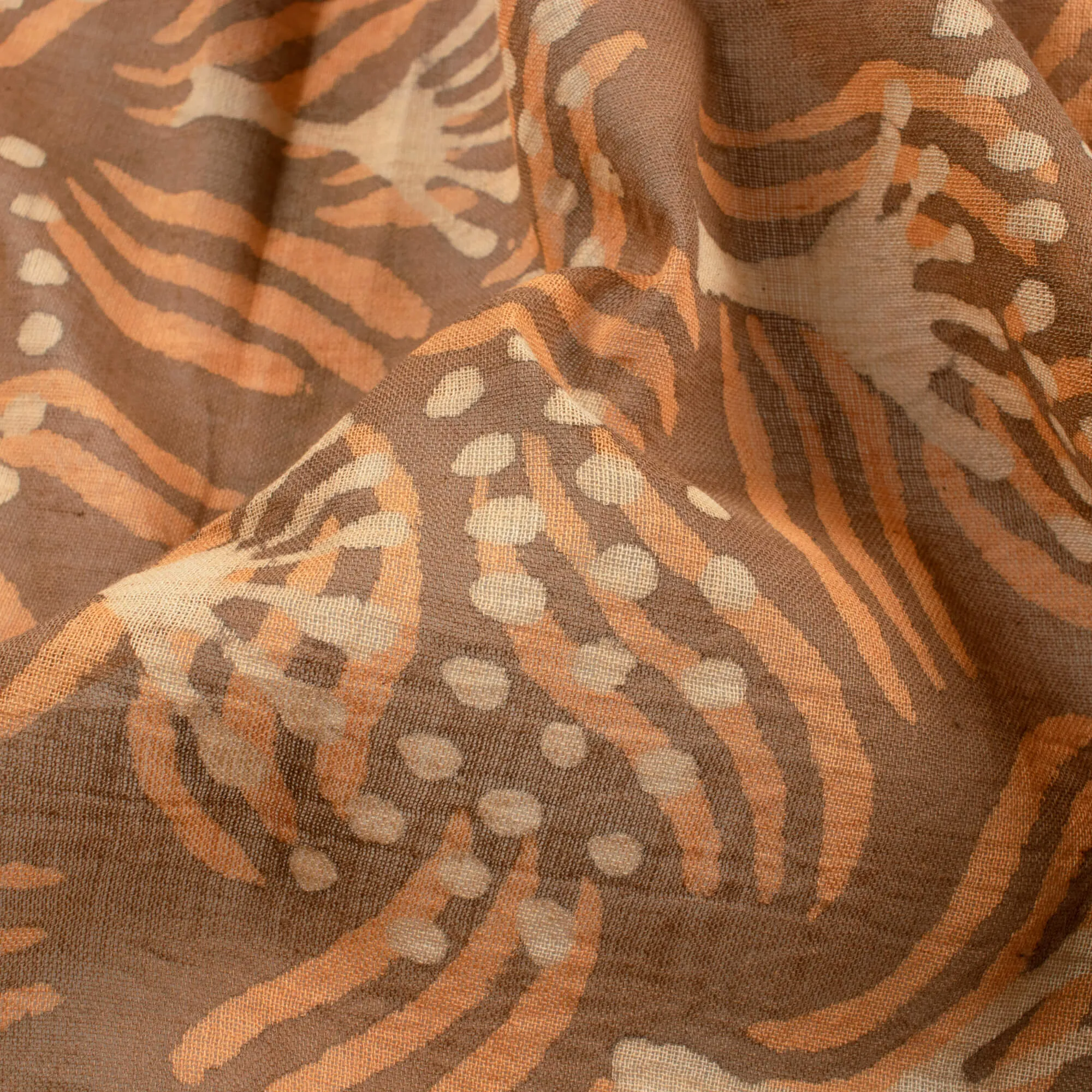 Beige And Orange Abstract Pattern Kashish Handblock Zari Bordered Cotton Mulmul Saree With Blouse