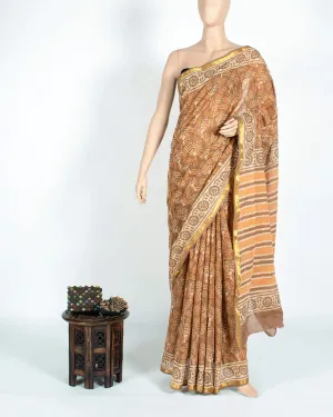 Beige And Orange Abstract Pattern Kashish Handblock Zari Bordered Cotton Mulmul Saree With Blouse