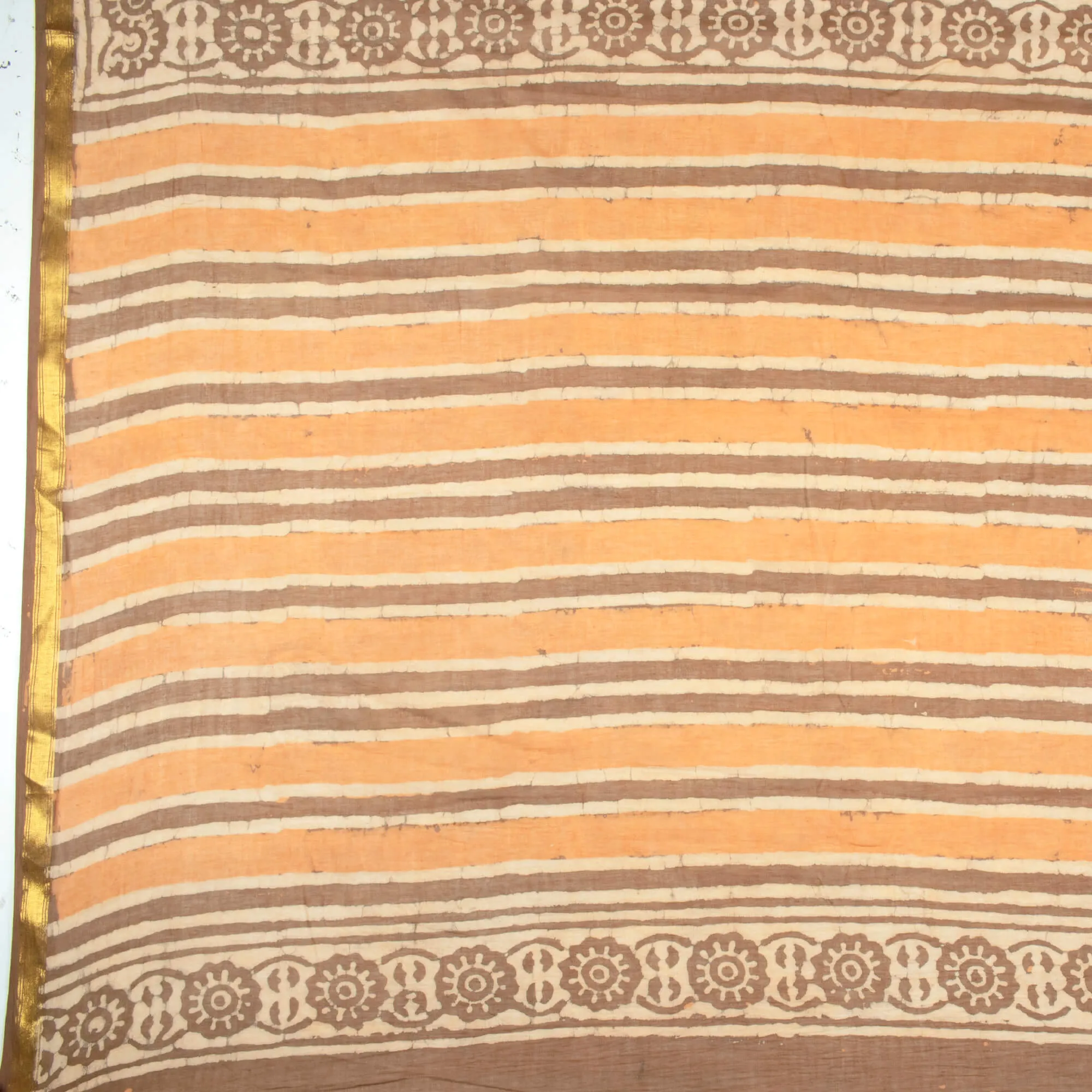 Beige And Orange Abstract Pattern Kashish Handblock Zari Bordered Cotton Mulmul Saree With Blouse