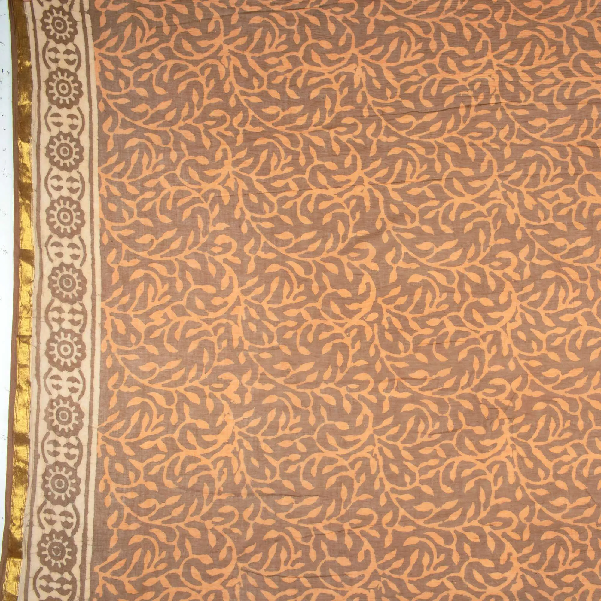 Beige And Orange Abstract Pattern Kashish Handblock Zari Bordered Cotton Mulmul Saree With Blouse