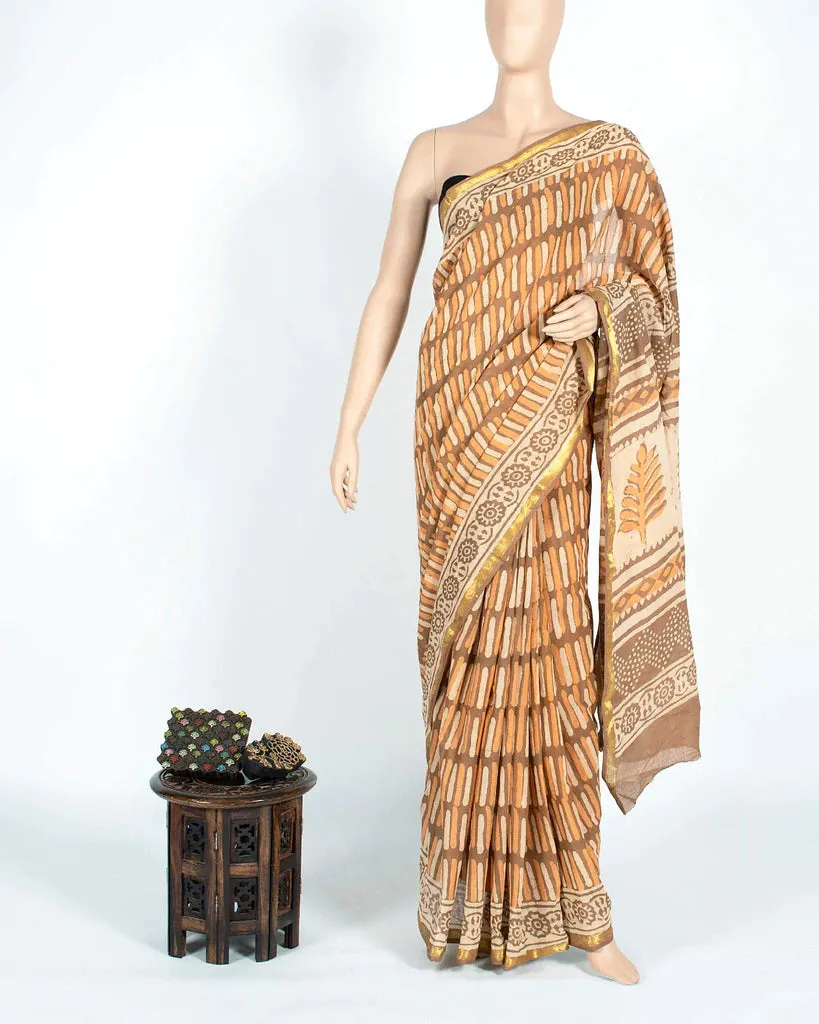 Beige And Orange Stripes Pattern Kashish Handblock Zari Bordered Cotton Mulmul Saree