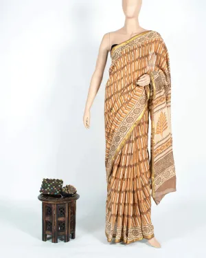 Beige And Orange Stripes Pattern Kashish Handblock Zari Bordered Cotton Mulmul Saree