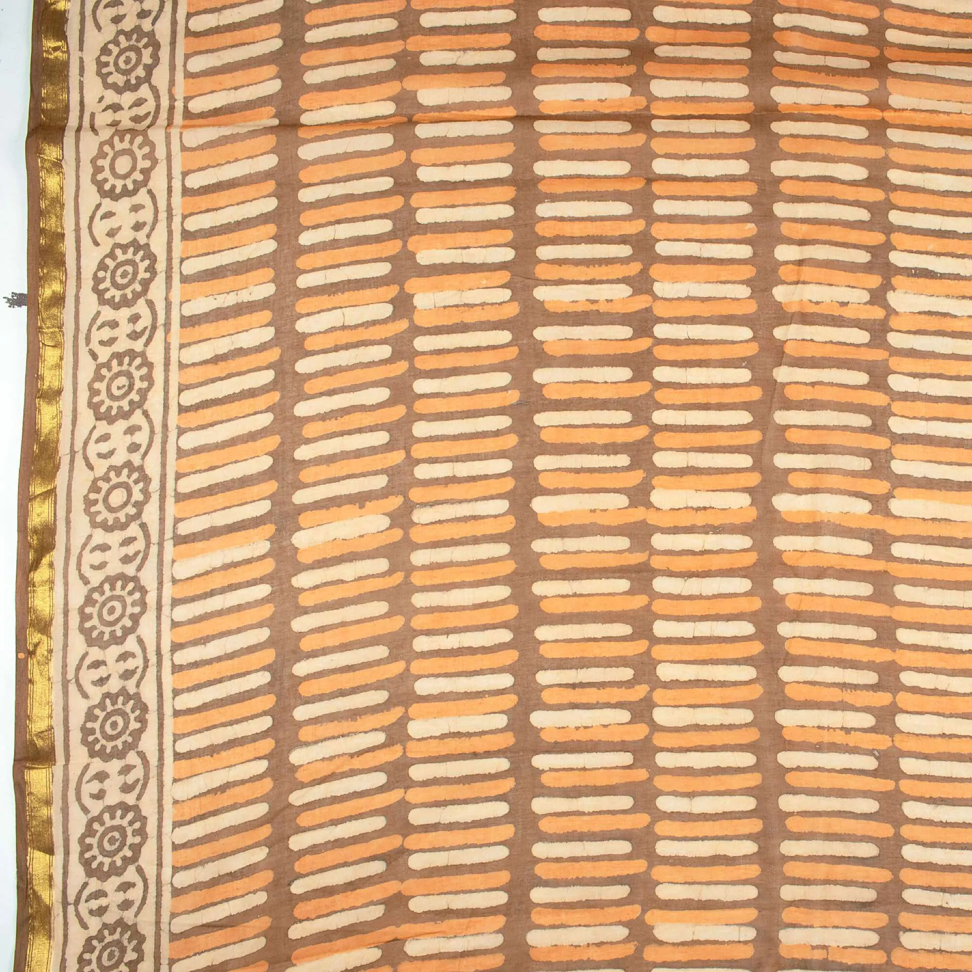 Beige And Orange Stripes Pattern Kashish Handblock Zari Bordered Cotton Mulmul Saree
