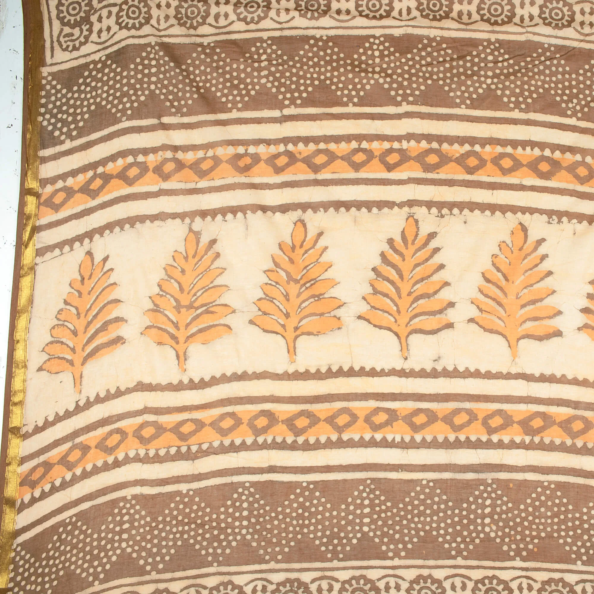 Beige And Orange Stripes Pattern Kashish Handblock Zari Bordered Cotton Mulmul Saree