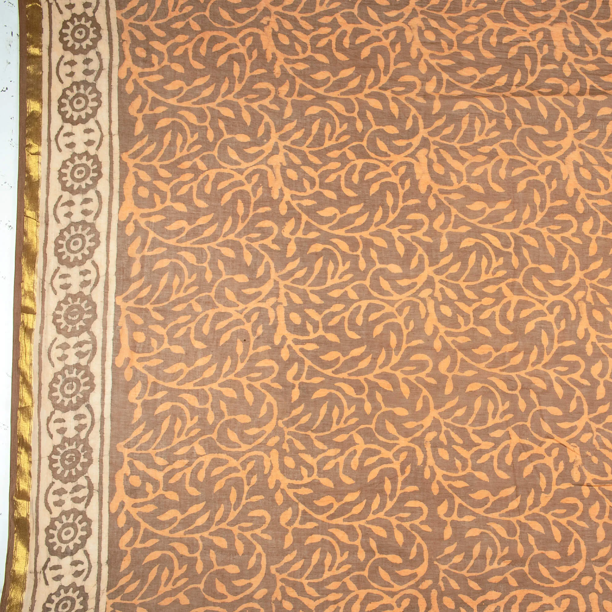 Beige And Orange Stripes Pattern Kashish Handblock Zari Bordered Cotton Mulmul Saree