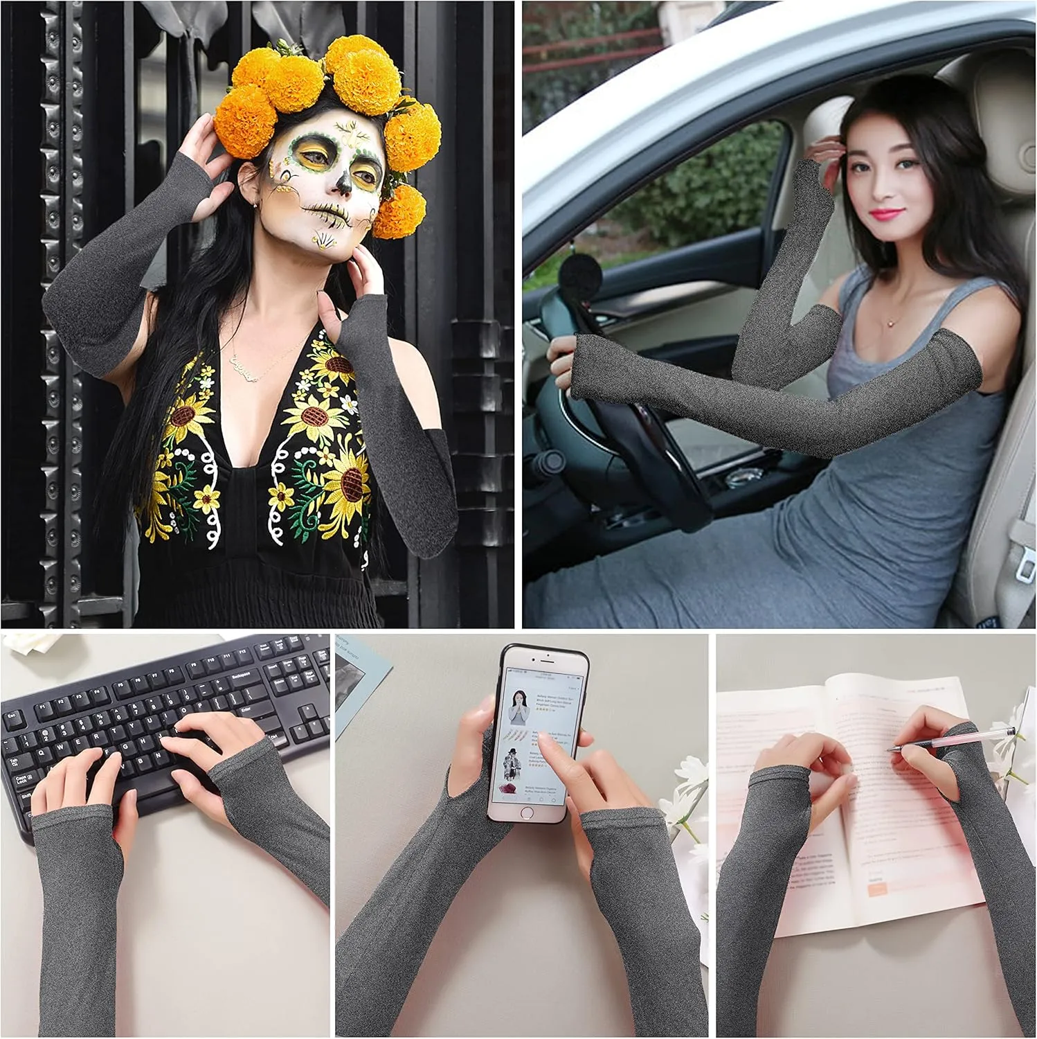 Bellady Women Outdoor Sun Block Soft Long Arm Sleeves Fingerless Gloves
