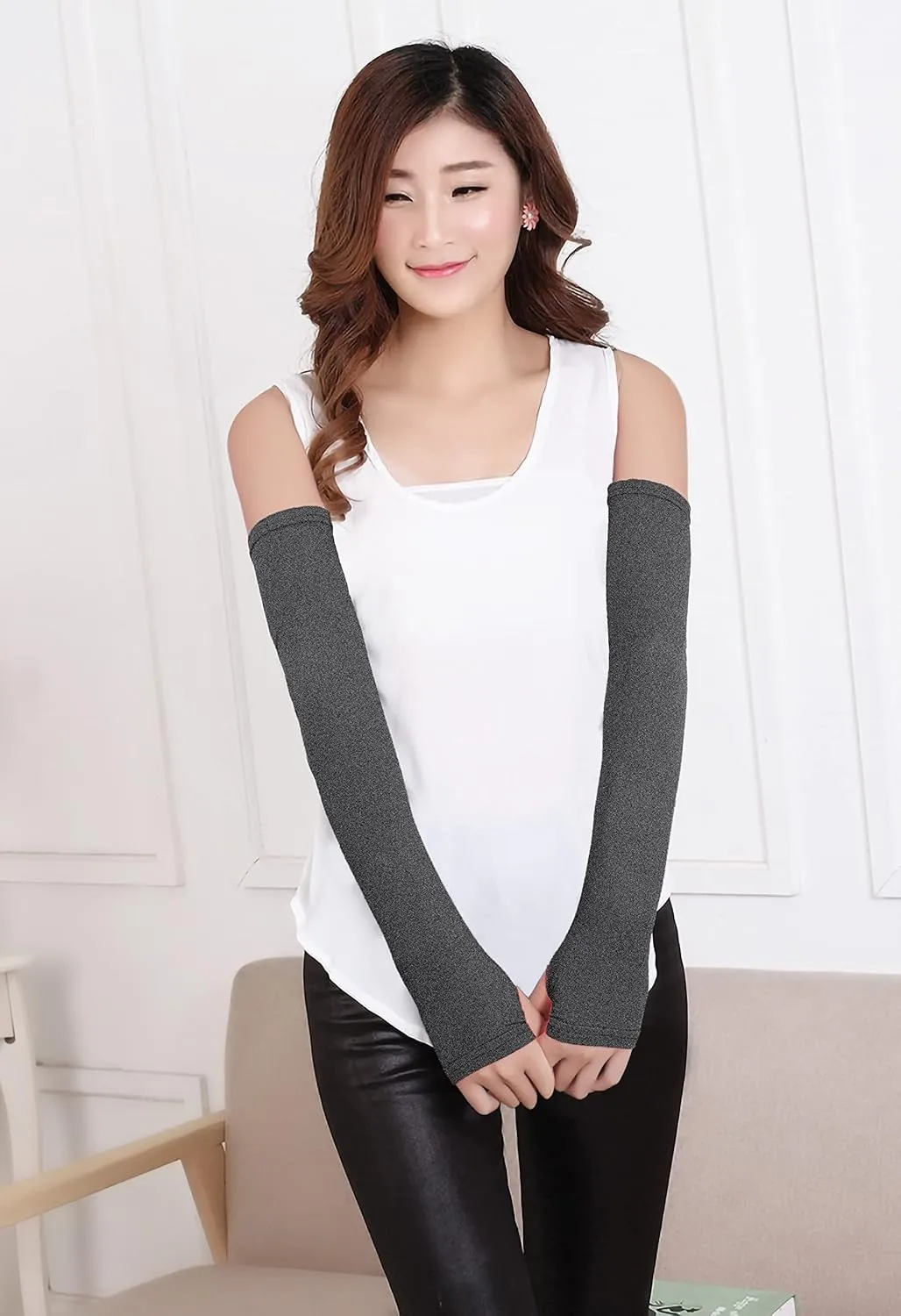 Bellady Women Outdoor Sun Block Soft Long Arm Sleeves Fingerless Gloves
