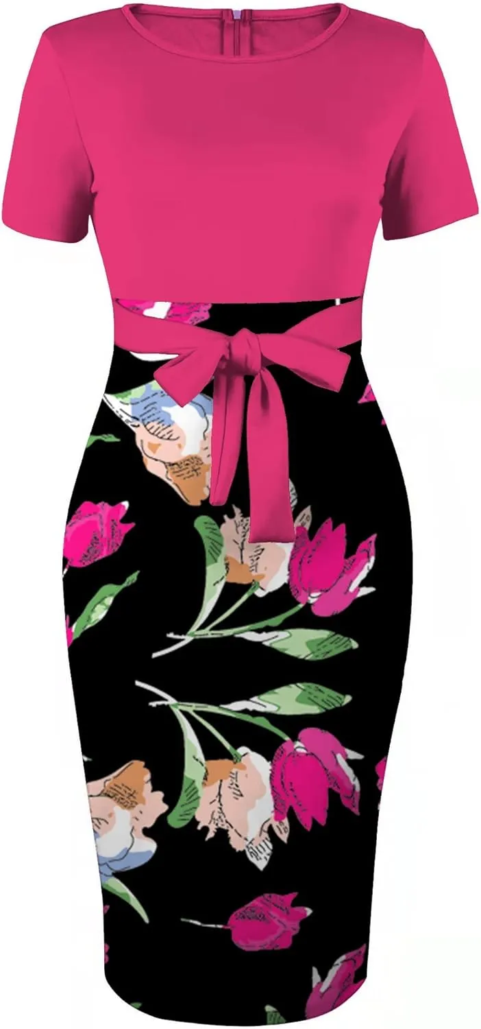 BOGURST Women Midi Bodycon Dress Work Casual Cute Floral Prints Pencil Dresses