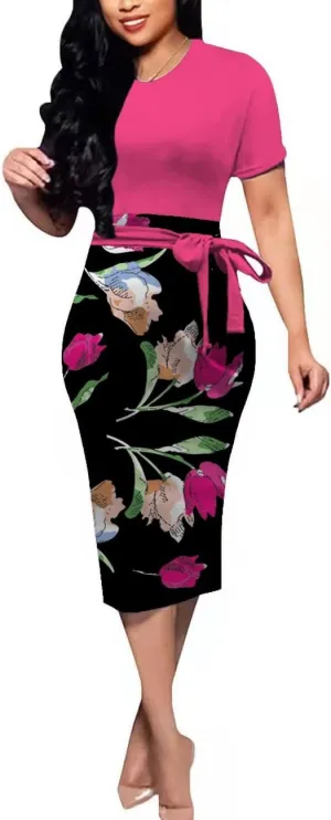 BOGURST Women Midi Bodycon Dress Work Casual Cute Floral Prints Pencil Dresses