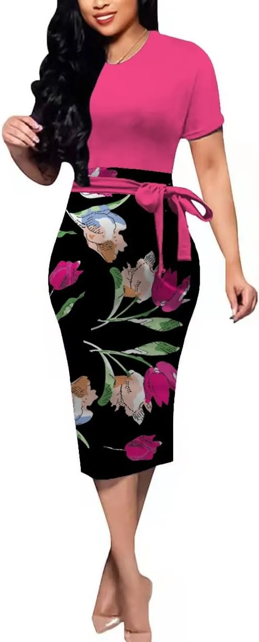 BOGURST Women Midi Bodycon Dress Work Casual Cute Floral Prints Pencil Dresses