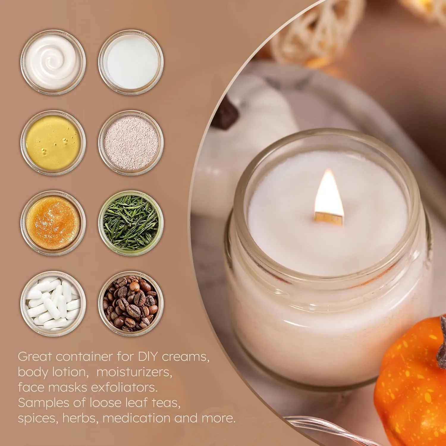 Glass Cosmetic Jars with Plastic Woodgrain Lids, 4 oz, 2 oz 1 oz Small Glass Storage Jars with Lids & Stickers, Reusable Clear Travel Containers for Creams, Lotion, Balms, Ointment 3 pack