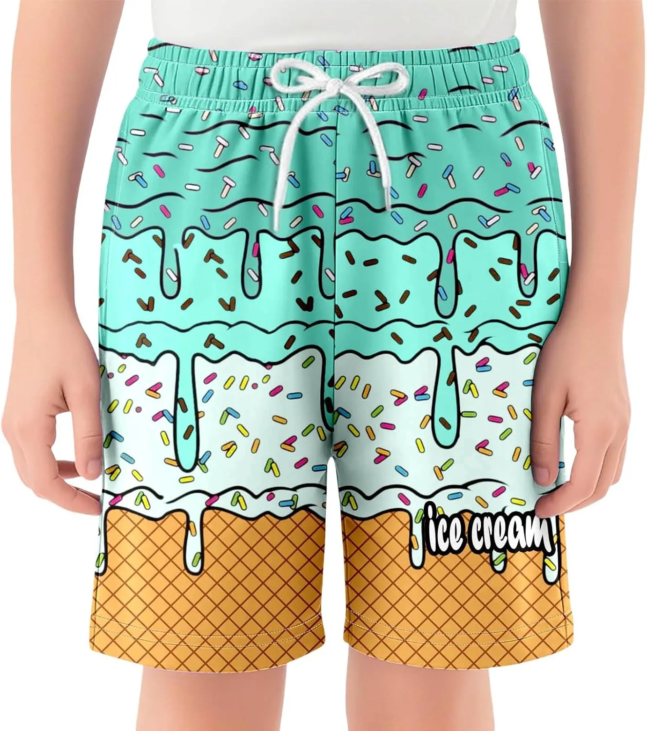 Ice Cream Boy Baseball Shorts Waffle Or Cone Quick Dry Preppy Shorts,Kids Ice Cream Drip Track Short Pants 2-14 Years