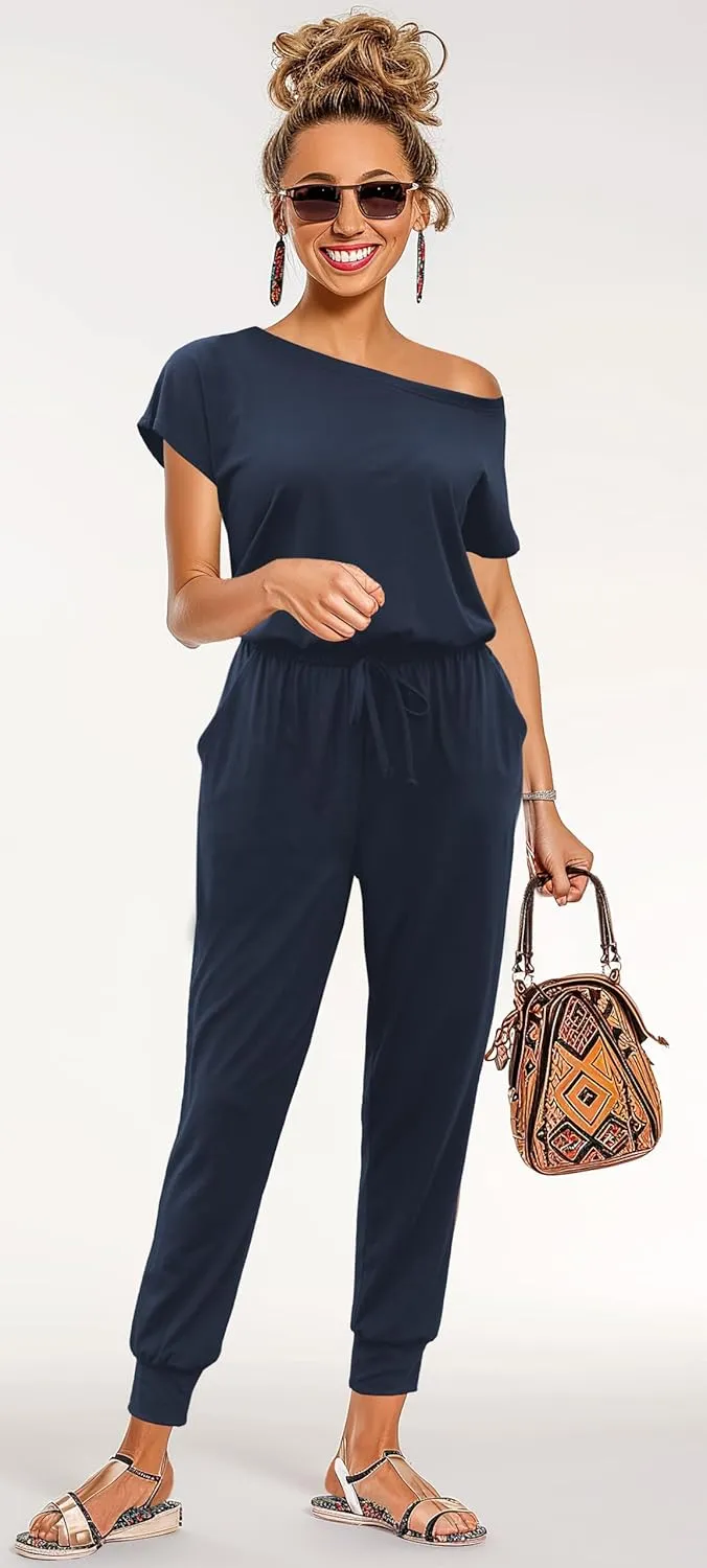 KAY SINN Summer Jumpsuit Rompers Off Shoulder for Women with Pockets Casual Elastic Waist
