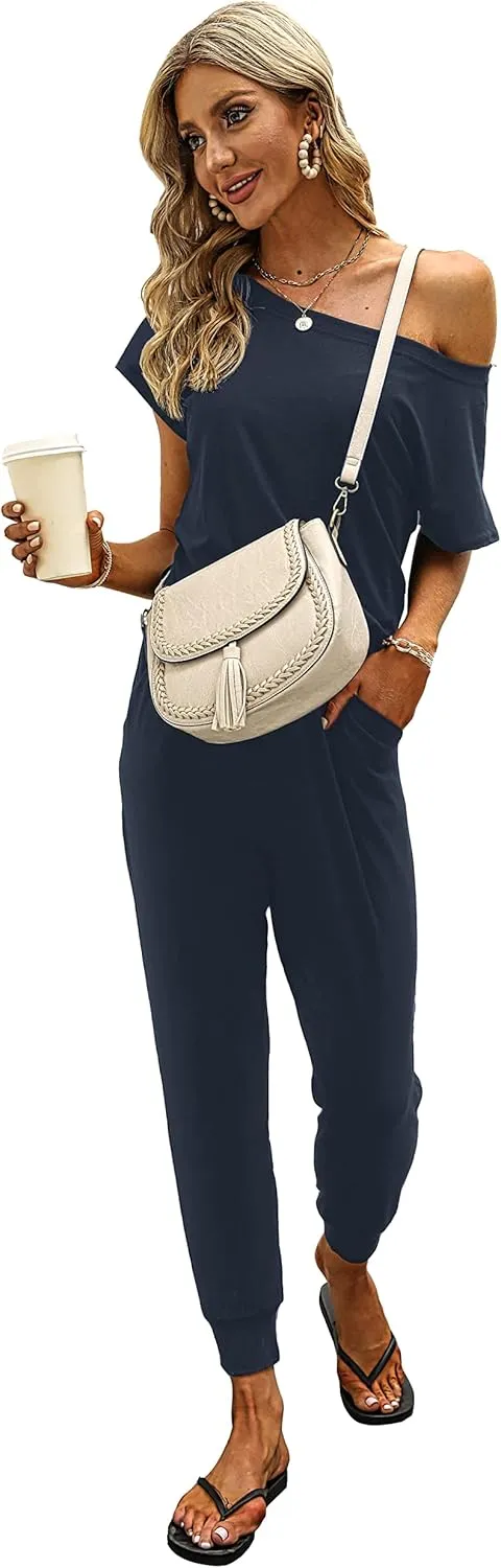 KAY SINN Summer Jumpsuit Rompers Off Shoulder for Women with Pockets Casual Elastic Waist
