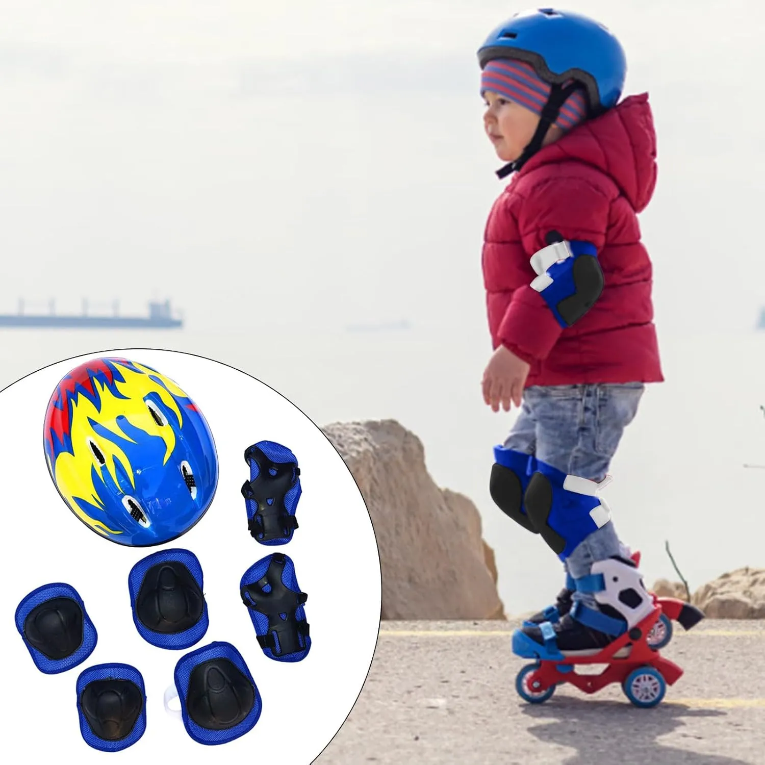 Kids Helmet and Knee Pad Set - 7pcs Protective Gear With Elbow Pads, Wrist Guard for Bike Cycling, Roller Skates, Skateboard, Scooter