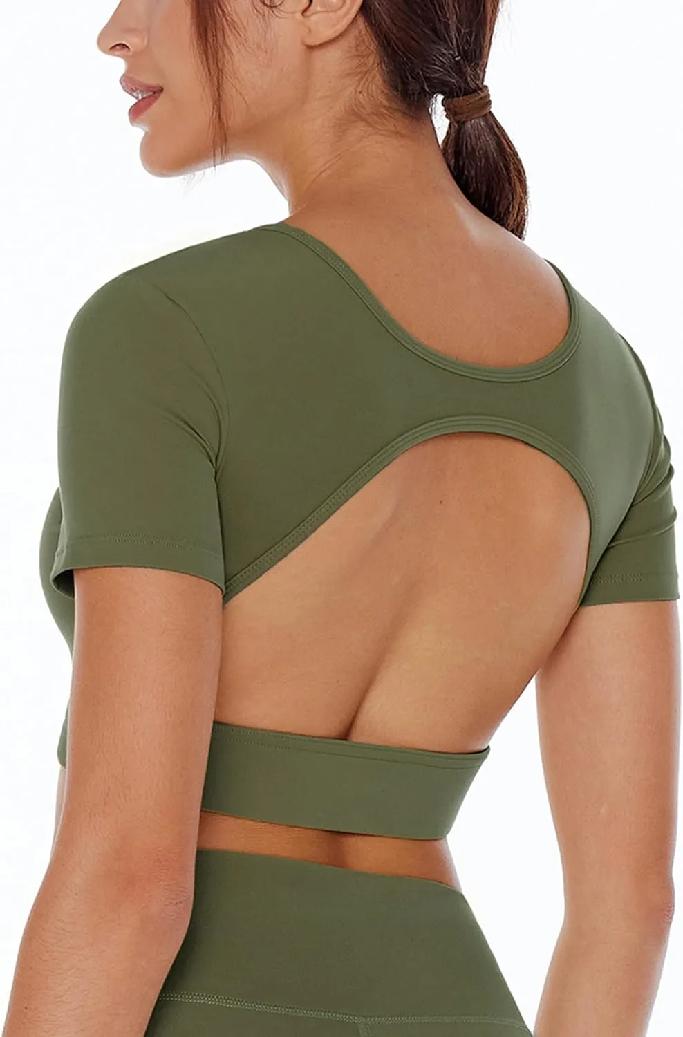 Open Back Workout Crop Tops for Women Backless Yoga Shirts Gym Short Sleeve Mild Support Compression Tee with Bra