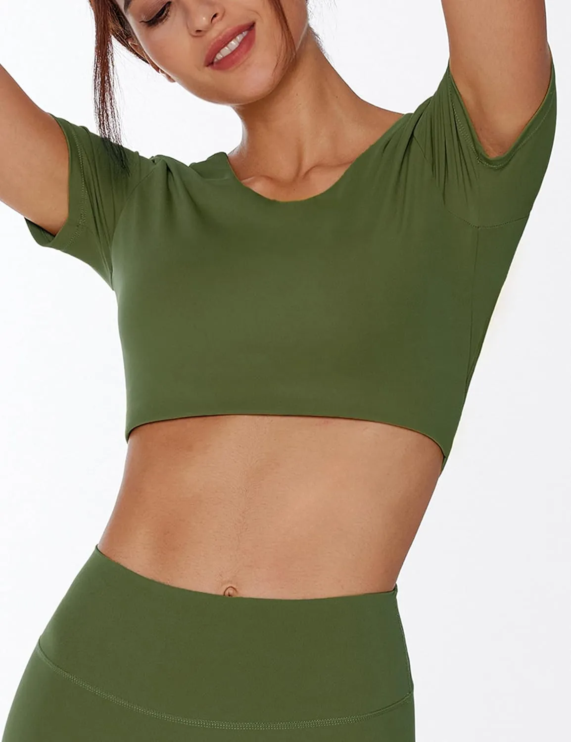 Open Back Workout Crop Tops for Women Backless Yoga Shirts Gym Short Sleeve Mild Support Compression Tee with Bra