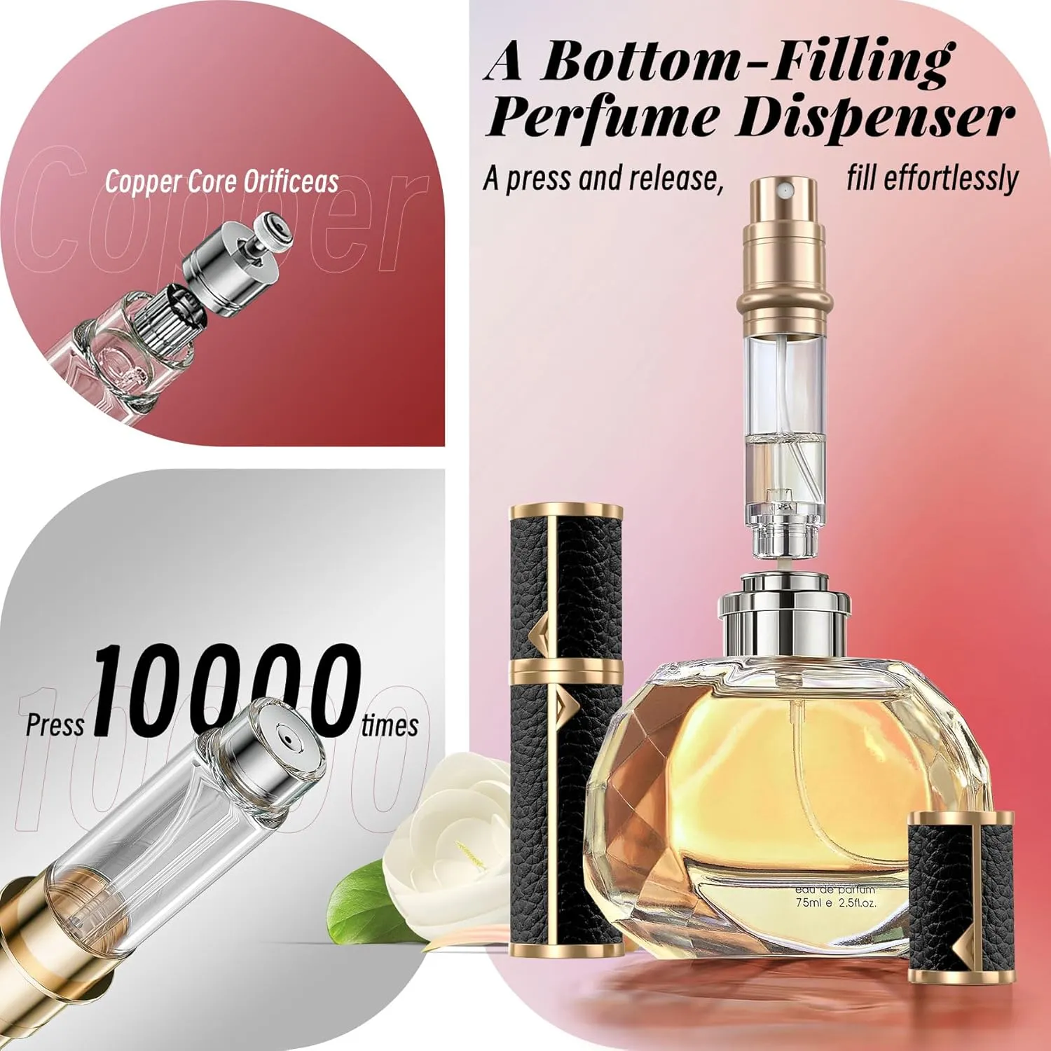 Perfume Travel Refillable Bottle,Genuine Leather Bottom-Filling Fragrances Perfume Atomizer,Mini Cologne Dispenser,Portable Sprayer Pocket Size for Cruise Car Trip Purse Gift 5ml (Black)