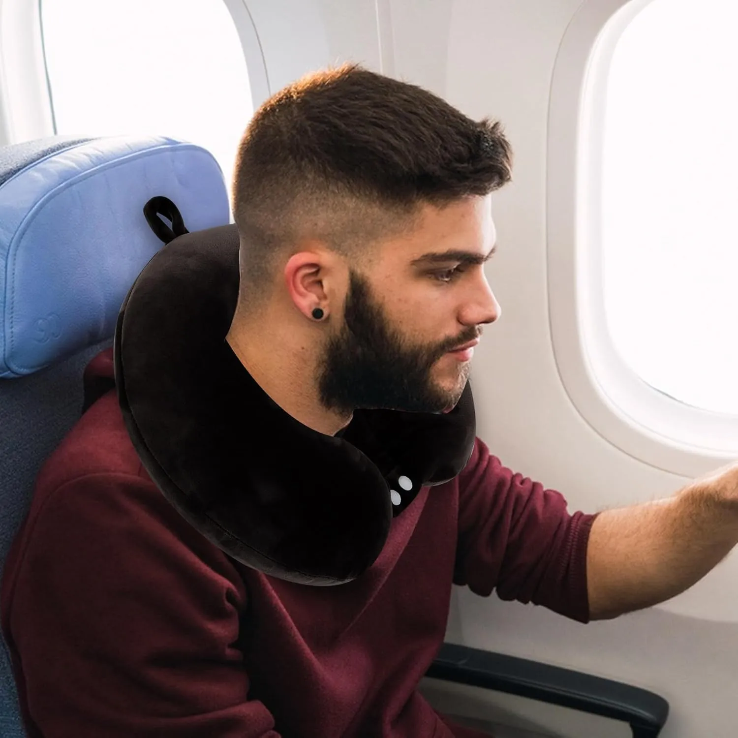 Sexysamba Pure Memory Foam Travel Pillow Set for Adults - Comfortable & Removable Machine Washable Cover, Neck Support Pillow Airplane Travel Kit with Eye Mask for Portable Plane Accessories - Black