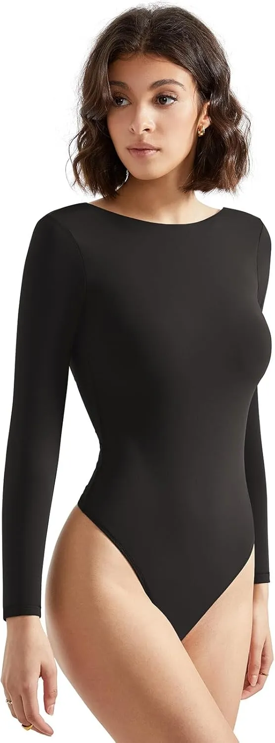 SUUKSESS Women Backless Y2k Long Sleeve Bodysuit Double Lined Open Back Sexy Basic Top