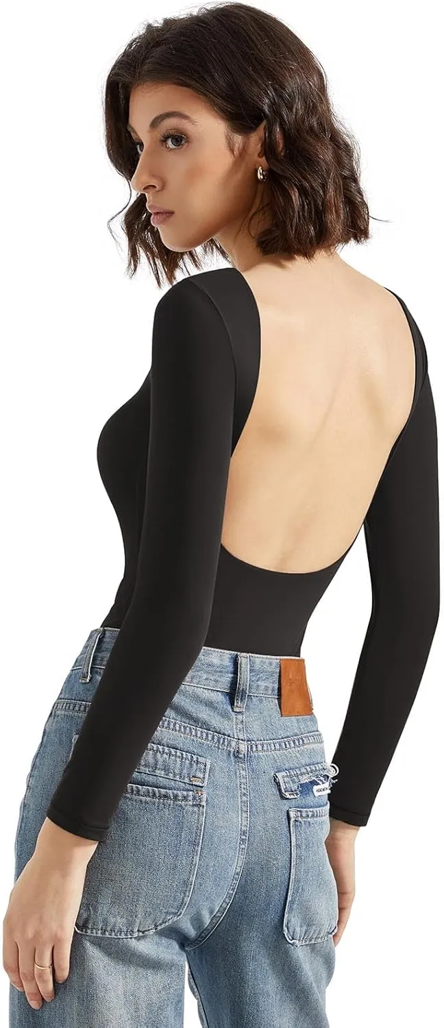 SUUKSESS Women Backless Y2k Long Sleeve Bodysuit Double Lined Open Back Sexy Basic Top