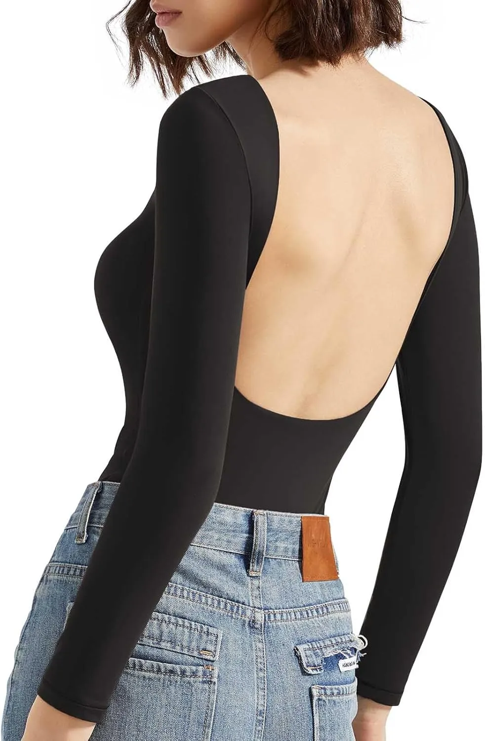 SUUKSESS Women Backless Y2k Long Sleeve Bodysuit Double Lined Open Back Sexy Basic Top