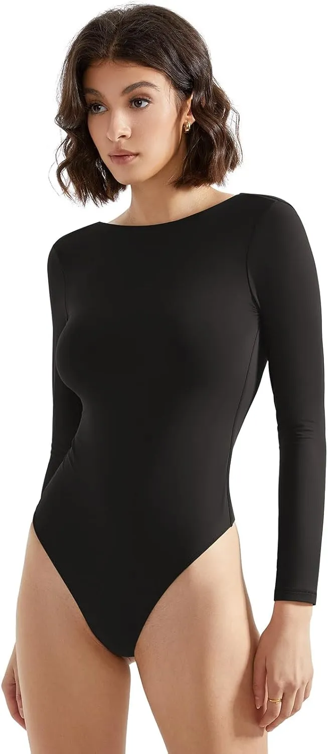 SUUKSESS Women Backless Y2k Long Sleeve Bodysuit Double Lined Open Back Sexy Basic Top